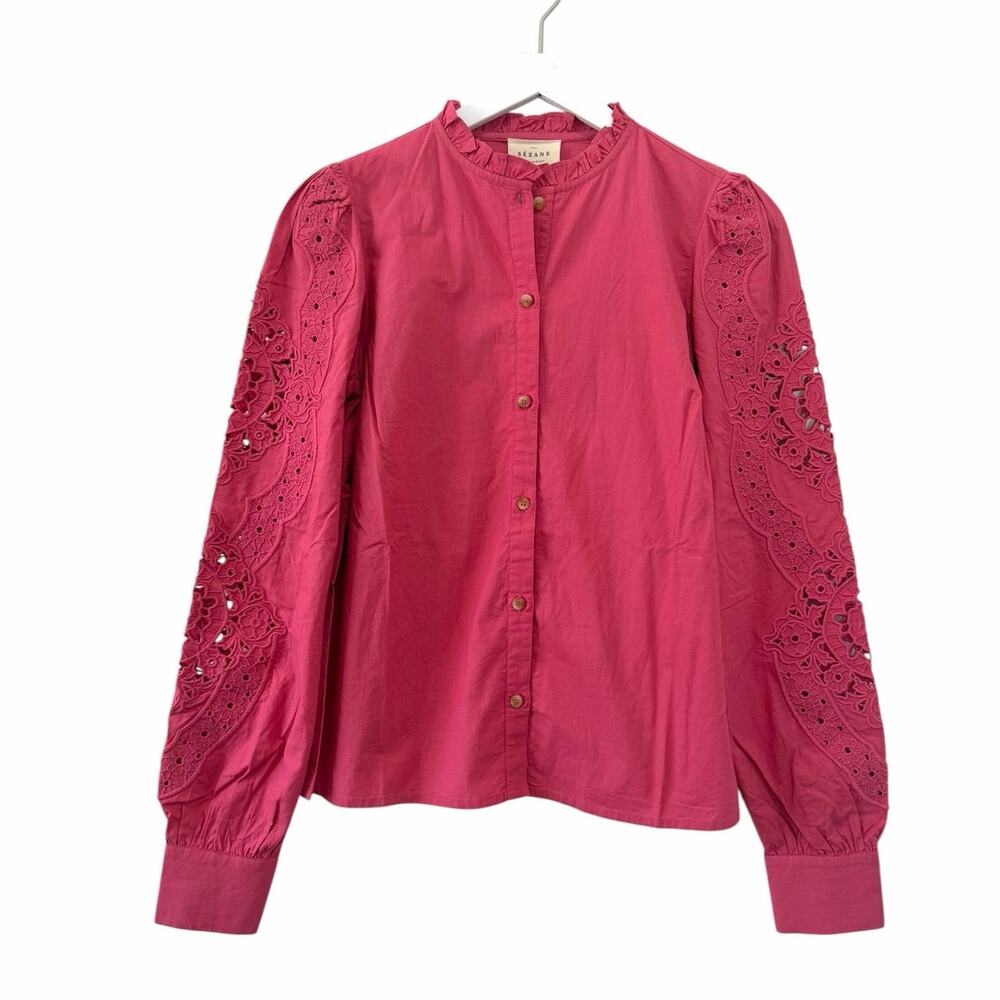 NWT Sézane Zoelie Shirt Pink Embroidered Eyelet Blouse US 4 EU 36 Cotton - Picture 8 of 9
